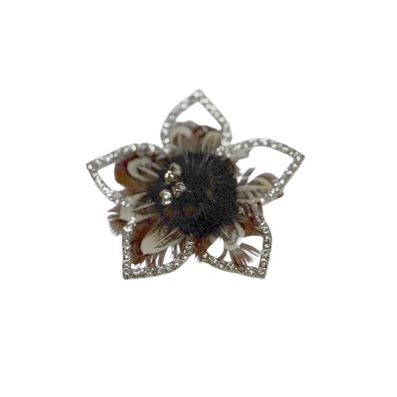 Large Rhinestone and Mink Brooch Pin 3” Feathers Vintage 1950s - Picture 2 of 4